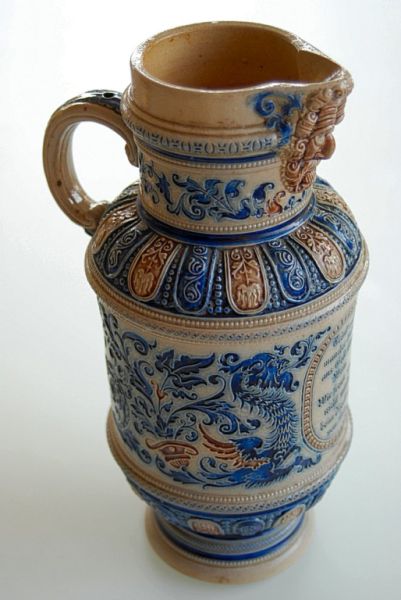 Keramik Weinkrug – Bierkrug, antike Schenkkanne blau um 1880 - Historismus