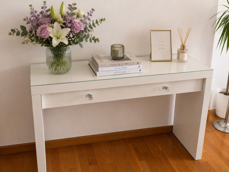 Konsolentisch mit Glasplatte, Spiegel (optional) + Sitzhocker/Pouf (optional)