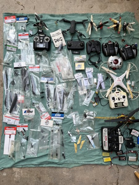 Lot of Helicopters & Drones with Many Spare Parts for Sale!
