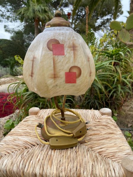 Lampe antik Messing mit bemaltem Glasschirm