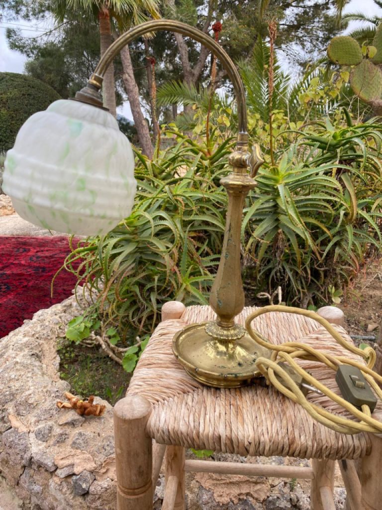 Antique brass lamp with glass shade