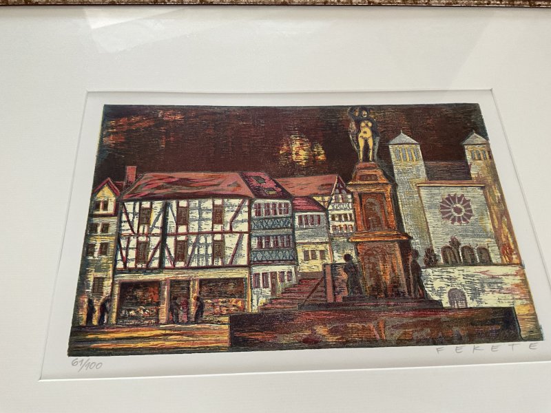 Limited Graphic Zwingenberg Bergstraße, hand-signed Fekete 61/100, framed