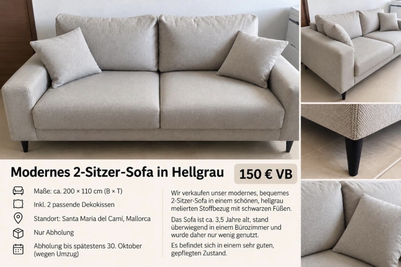 Modern 2-seater sofa in light gray – very good condition