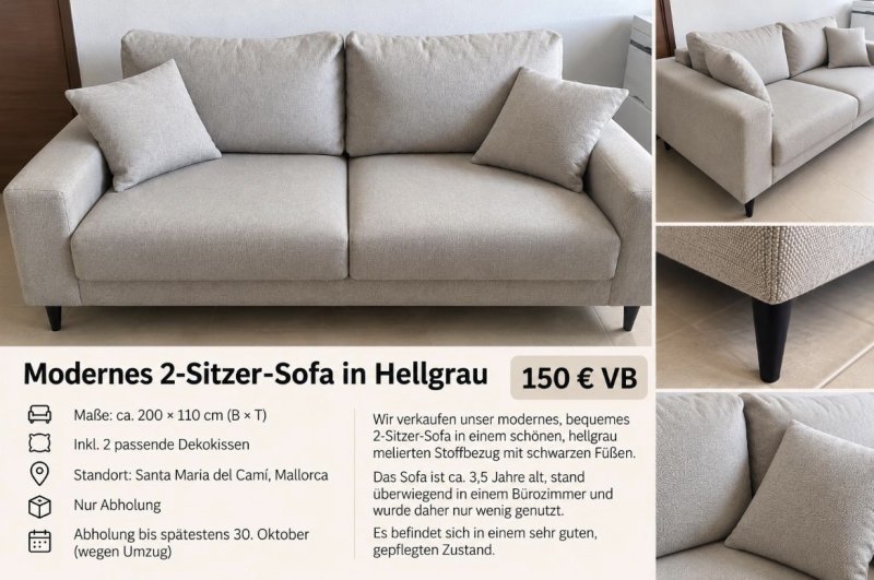 Modern 2-seater sofa in light gray – very good condition
