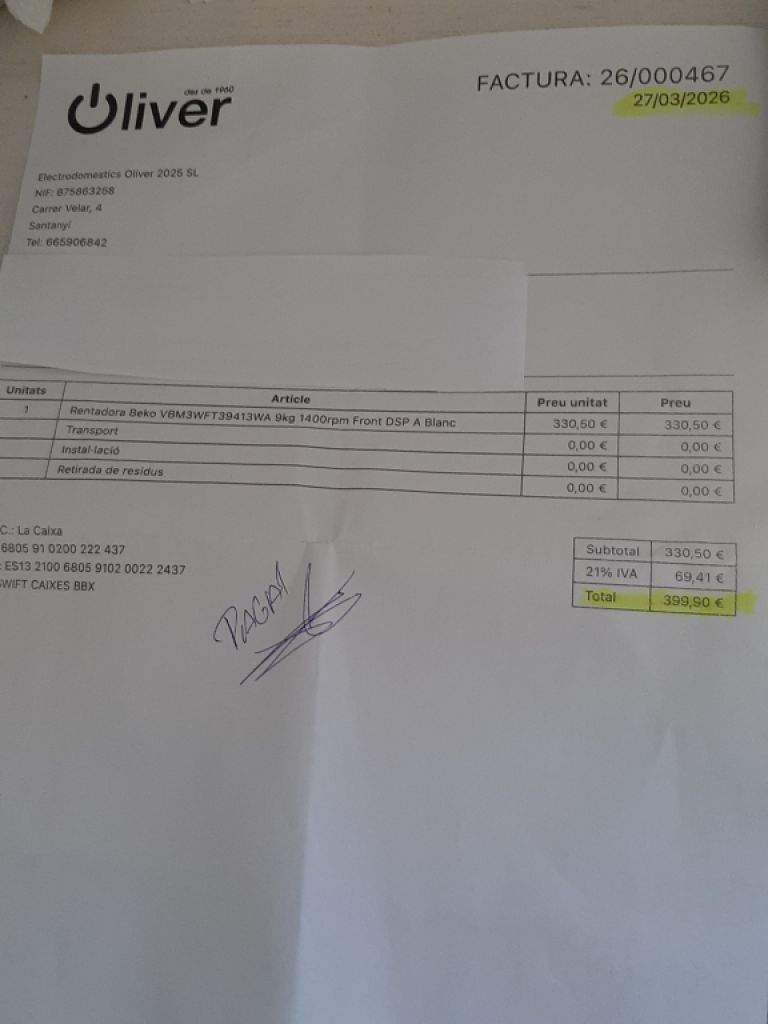 Neue Beko Waschmaschine 9 kg 1400 rpm Front DSP A blanc gekauft am 27.03.2026