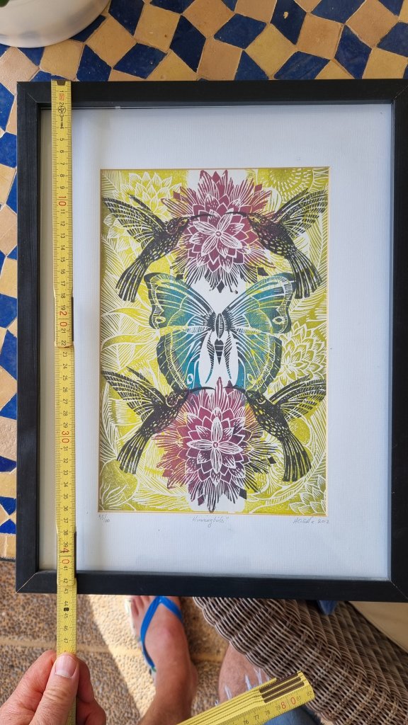 Original Linoldruck "Hummingbirds" Kolibris  Limitiert 55/100  Signiert & Gerahmt
