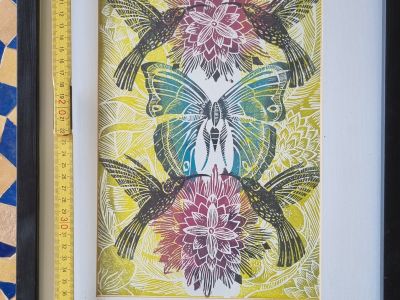 Original Linoldruck "Hummingbirds" Kolibris  Limitiert 55/100  Signiert & Gerahmt