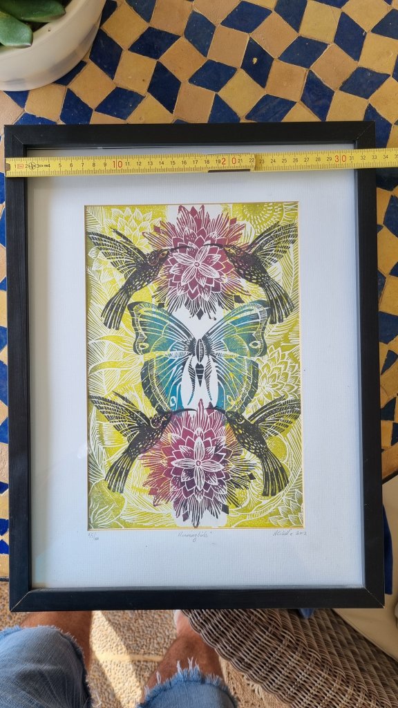 Original Linoldruck "Hummingbirds" Kolibris  Limitiert 55/100  Signiert & Gerahmt