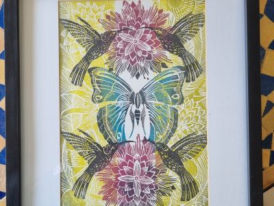 Original Linoldruck "Hummingbirds" Kolibris  Limitiert 55/100  Signiert & Gerahmt