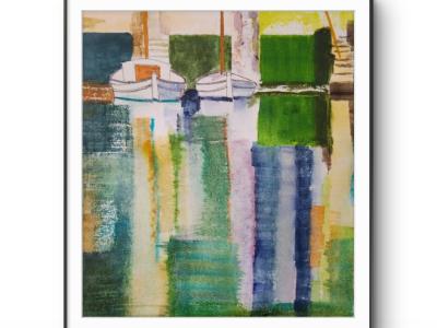 Originales maritimes Aquarell, es Riveto von Portocolom, neues blaues und grünes Papier