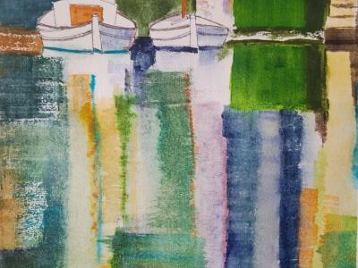 Originales maritimes Aquarell, es Riveto von Portocolom, neues blaues und grünes Papier