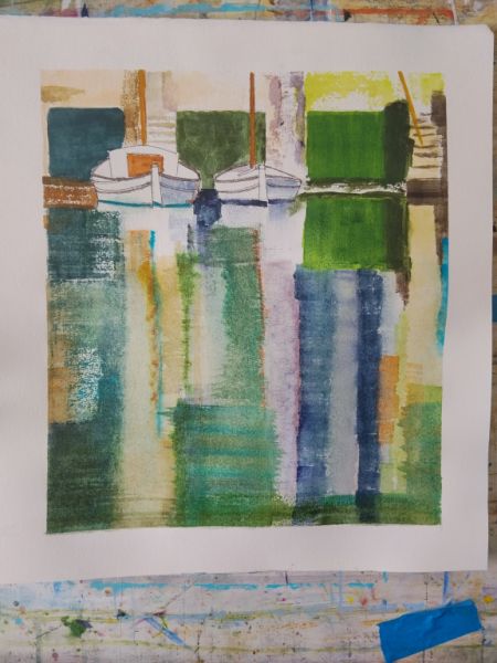 Originales maritimes Aquarell, es Riveto von Portocolom, neues blaues und grünes Papier