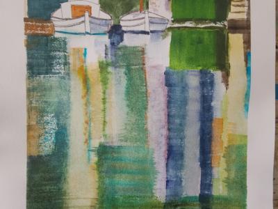 Originales maritimes Aquarell, es Riveto von Portocolom, neues blaues und grünes Papier