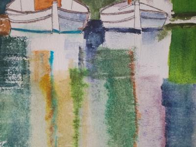 Originales maritimes Aquarell, es Riveto von Portocolom, neues blaues und grünes Papier