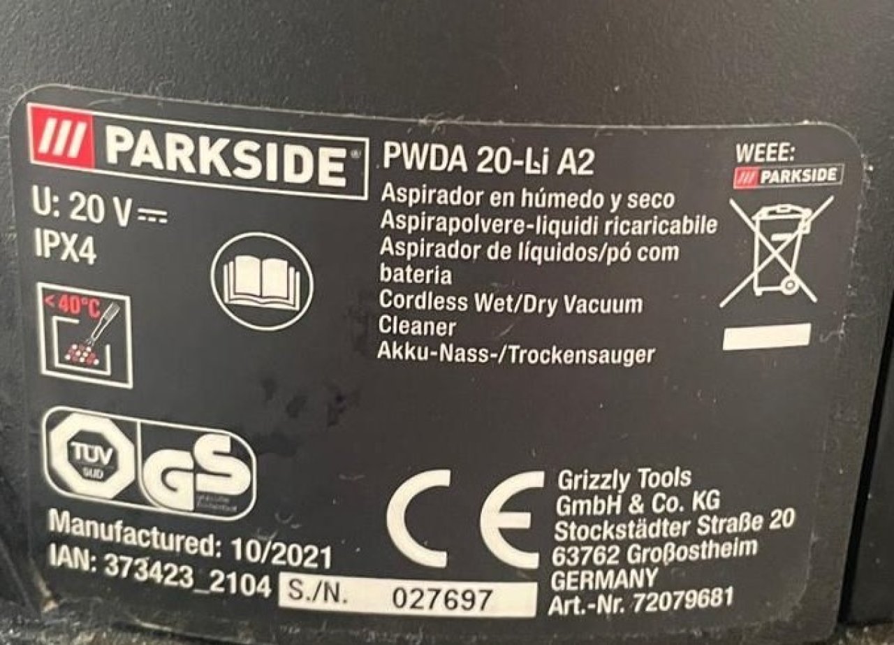Aspirador Agua/Polvo Parkside PWDA 20-Li A2 + Batería 4Ah + Cargador