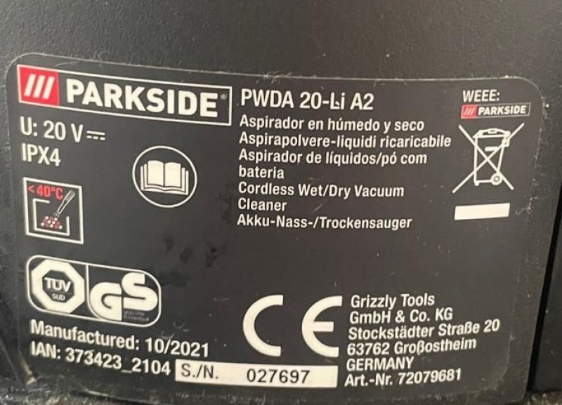 Aspirador Agua/Polvo Parkside PWDA 20-Li A2 + Batería 4Ah + Cargador