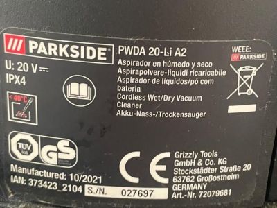 Aspirador Agua/Polvo Parkside PWDA 20-Li A2 + Batería 4Ah + Cargador