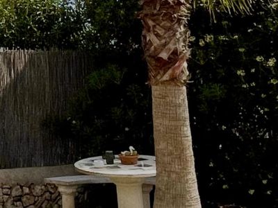 Round stone table with bench