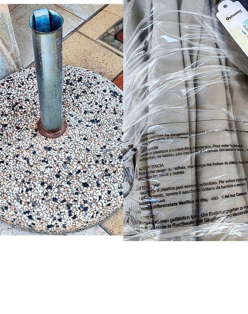 Round umbrella stand made of concrete and stainless steel tube with new sun umbrella