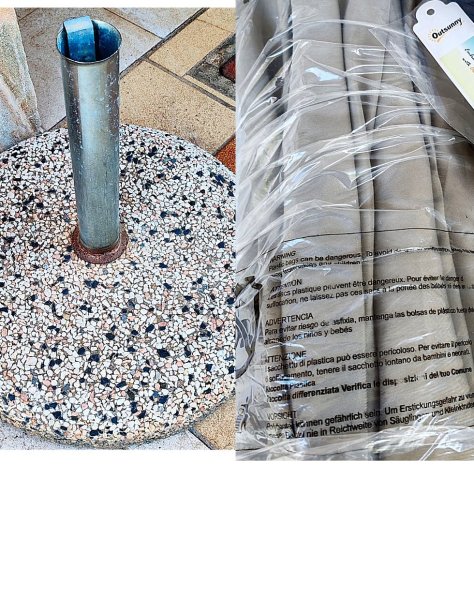 Round umbrella stand made of concrete and stainless steel tube with new sun umbrella