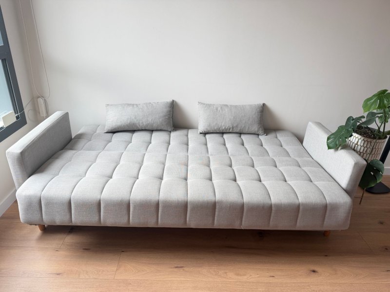 Sofá cama gris con arcón, 209 cm