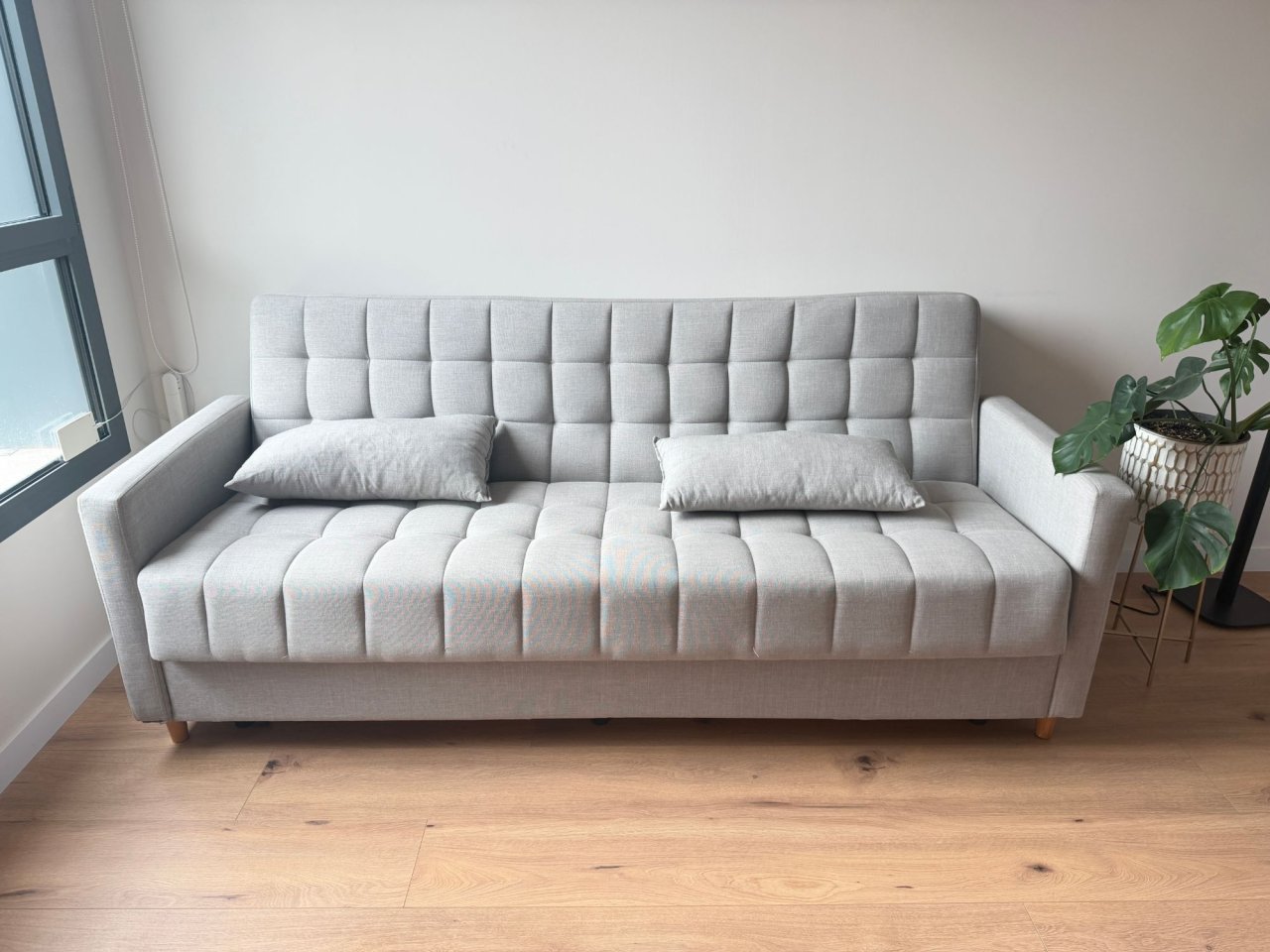 Sofá cama gris con arcón, 209 cm