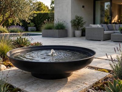 Bonito surtidor de diseño de aluminio incl. iluminación subacuática y bomba