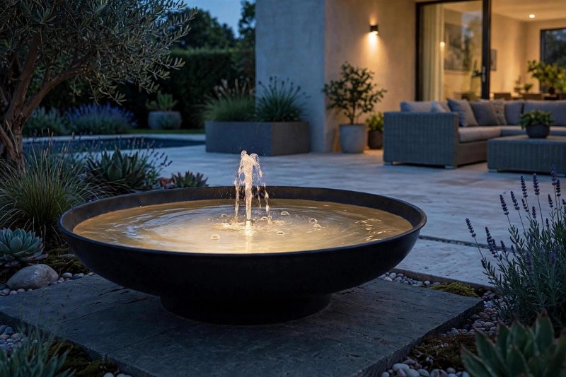 Bonito surtidor de diseño de aluminio incl. iluminación subacuática y bomba