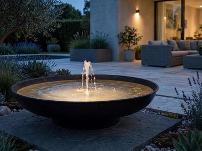 Bonito surtidor de diseño de aluminio incl. iluminación subacuática y bomba