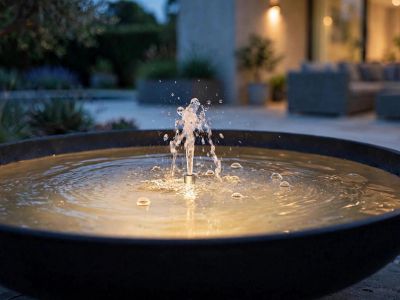 Bonito surtidor de diseño de aluminio incl. iluminación subacuática y bomba