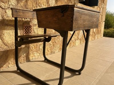 Antique children's school desk, wood and metal