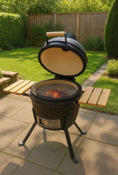 Kamado de cerámica negro 2-in-1 ahumador con parrilla de carbón 56 cm