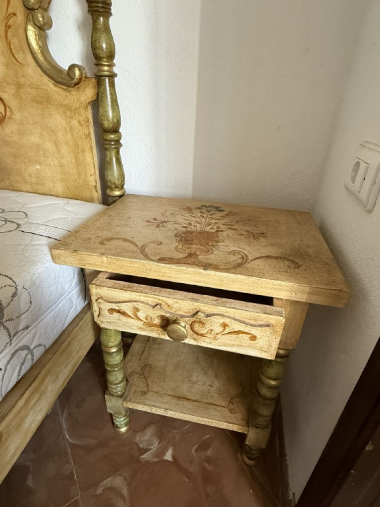 Rare Mallorcan solid bed with matching bedside table