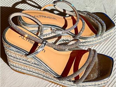 silver wedge sandal from Altrimenti with rhinestone straps, size 38