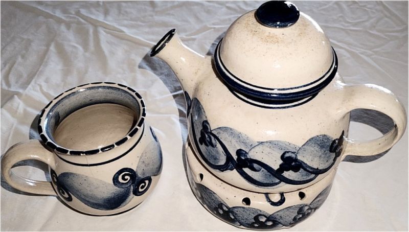 Juego de té, tetera, calentador de té, taza, cerámica, hecho a mano en torno, pintado a mano