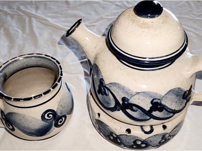 Juego de té, tetera, calentador de té, taza, cerámica, hecho a mano en torno, pintado a mano