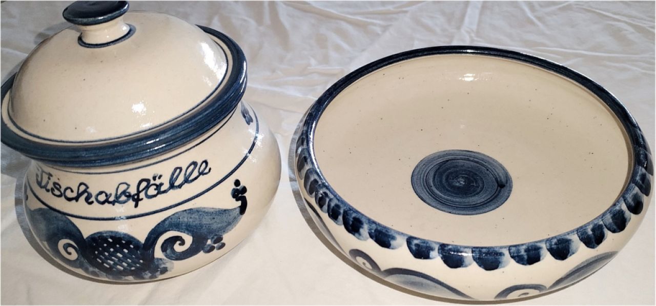 Accesorios de mesa, recipiente para residuos de mesa con tapa, cuenco para pan, cerámica, hecho a mano en torno, pintado a mano