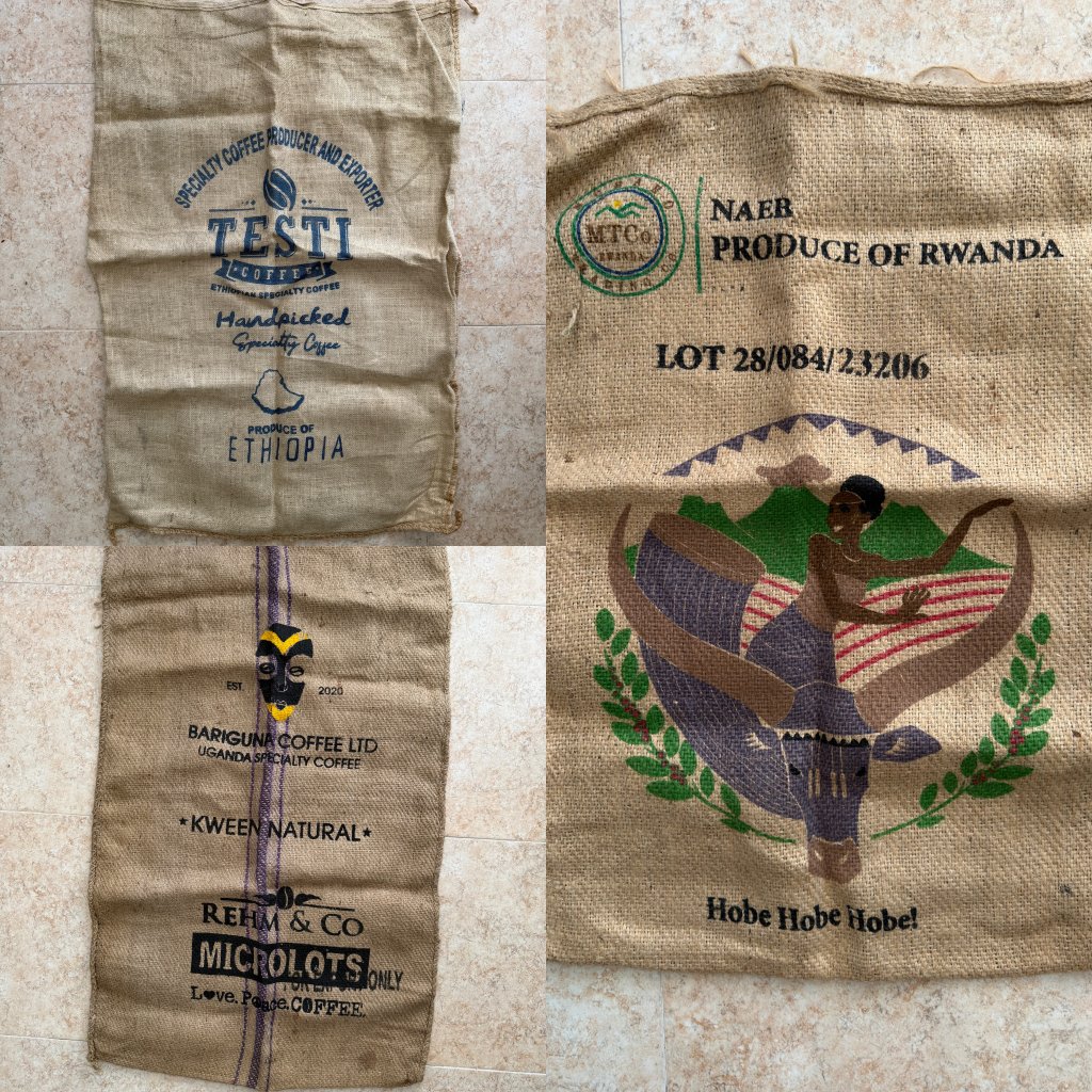verschiedene Kaffeesäcke aus Jute (Ethiopia, Uganda, Rwanda)