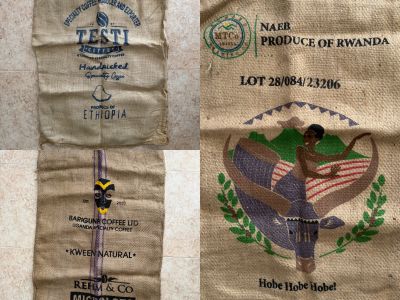 verschiedene Kaffeesäcke aus Jute (Ethiopia, Uganda, Rwanda)