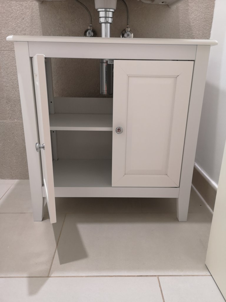 White bathroom sink cabinet
