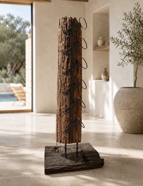 Wine Bottle Stand Teak Wood Metal Industrial Style