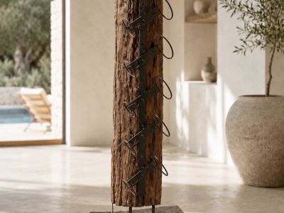 Wine Bottle Stand Teak Wood Metal Industrial Style