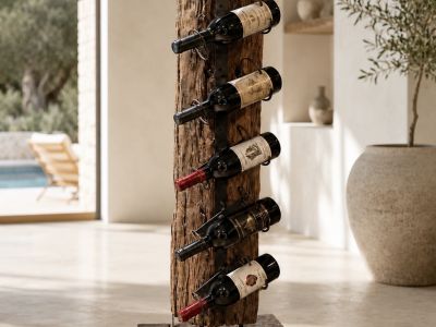 Wine Bottle Stand Teak Wood Metal Industrial Style
