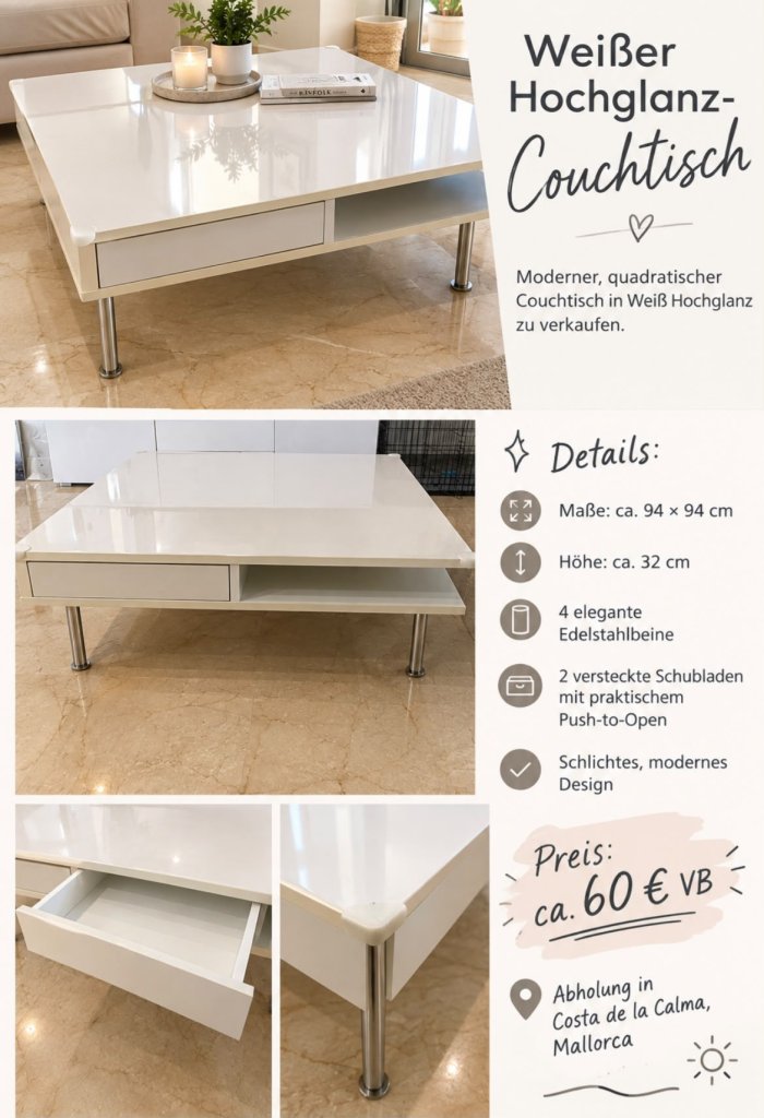 Weiß Hochglanz Couchtisch modern, quadratisch Tisch