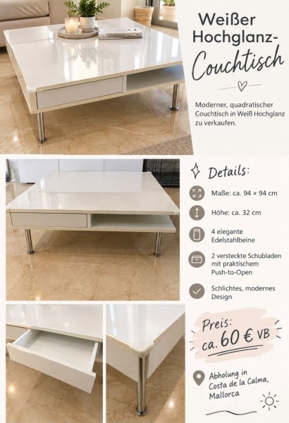 Weiß Hochglanz Couchtisch modern, quadratisch Tisch