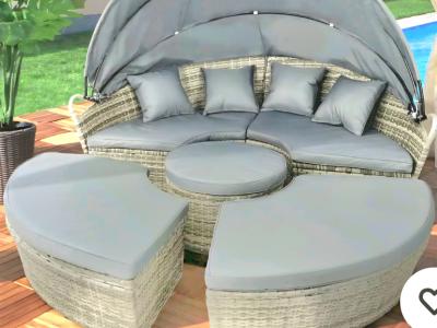 Isla solar XXL con LED Tumbona de jardín Polyrattan Conjunto de asientos Isla tumbona NUEVA gris 210 Módulo solar